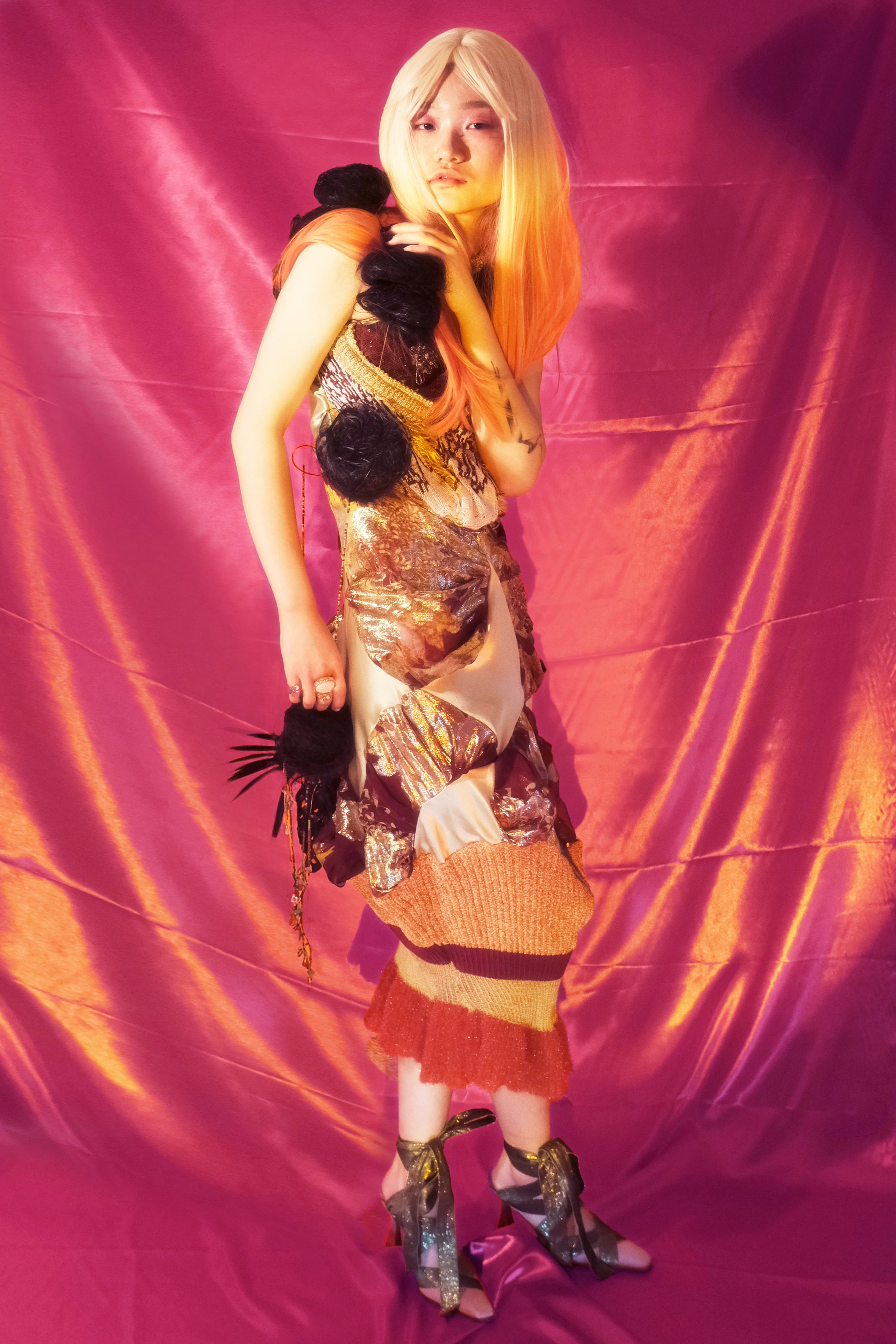 Celestial Bloom Draped Knit-Satin Dress + Matching Scarf