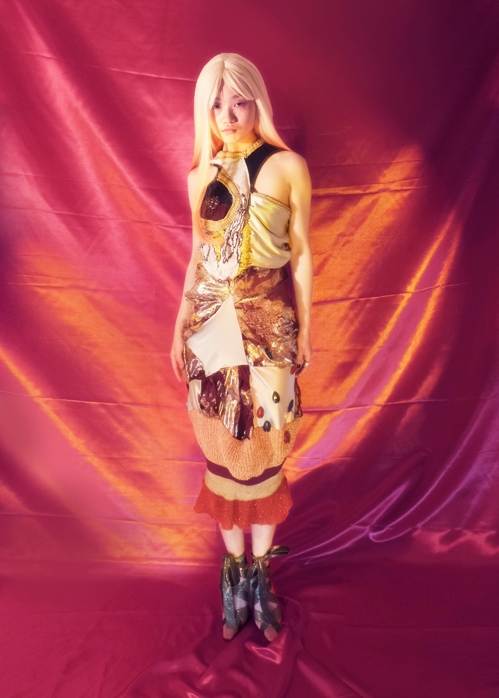 Celestial Bloom Draped Knit-Satin Dress + Matching Scarf