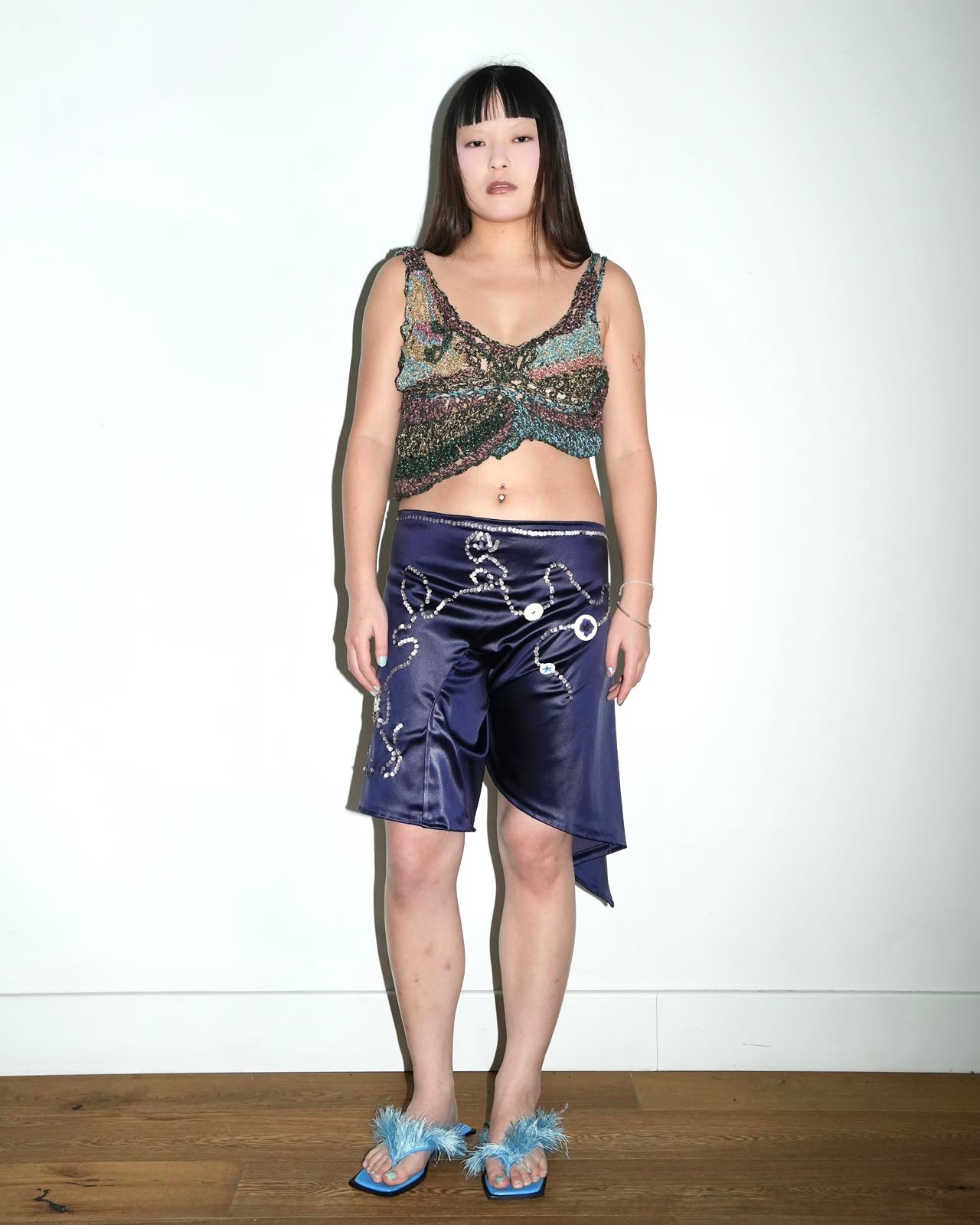 Embroidered Sequin &amp; Ceramic Button Asymmetric Shorts