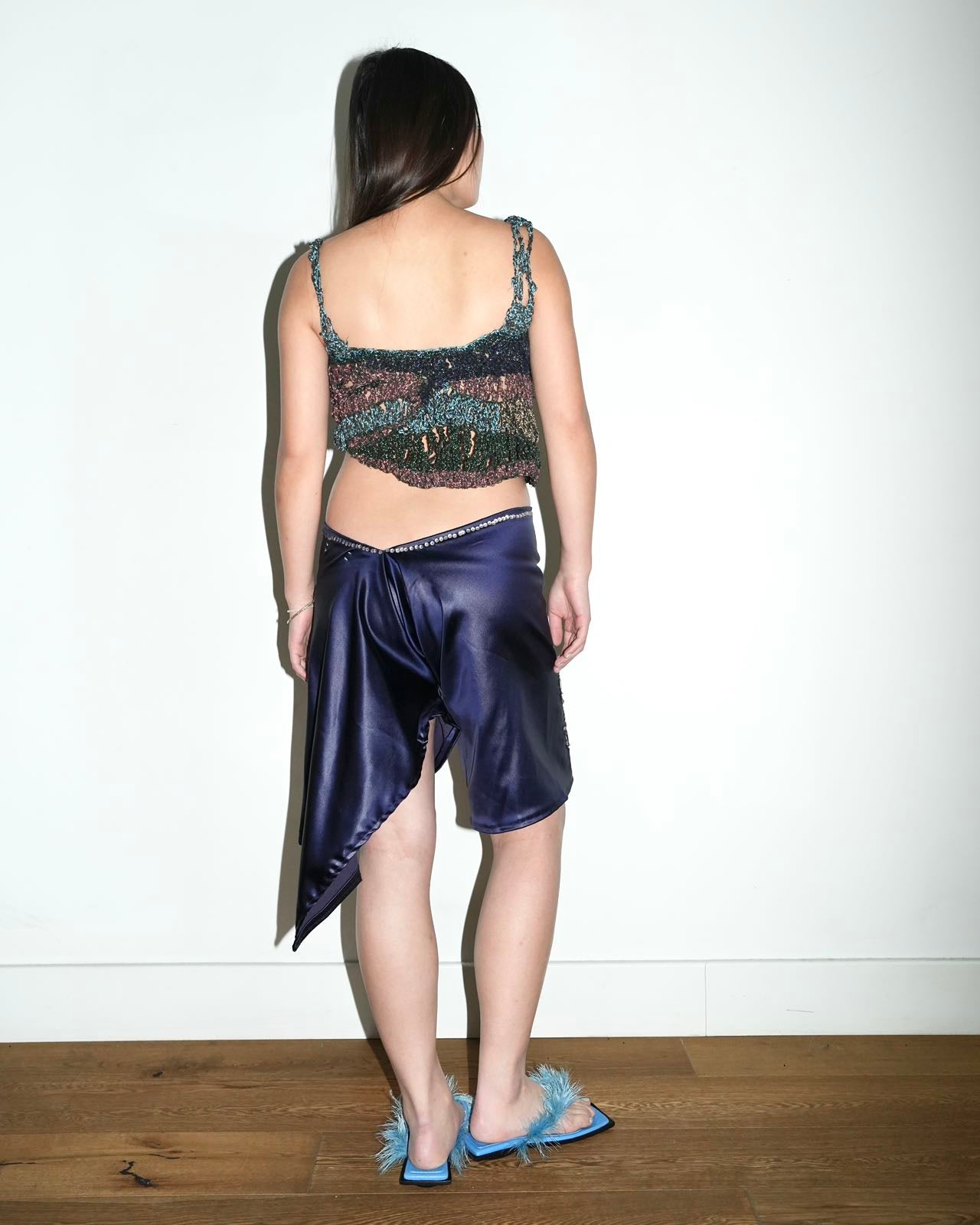Embroidered Sequin &amp; Ceramic Button Asymmetric Shorts