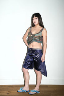 Embroidered Sequin &amp; Ceramic Button Asymmetric Shorts