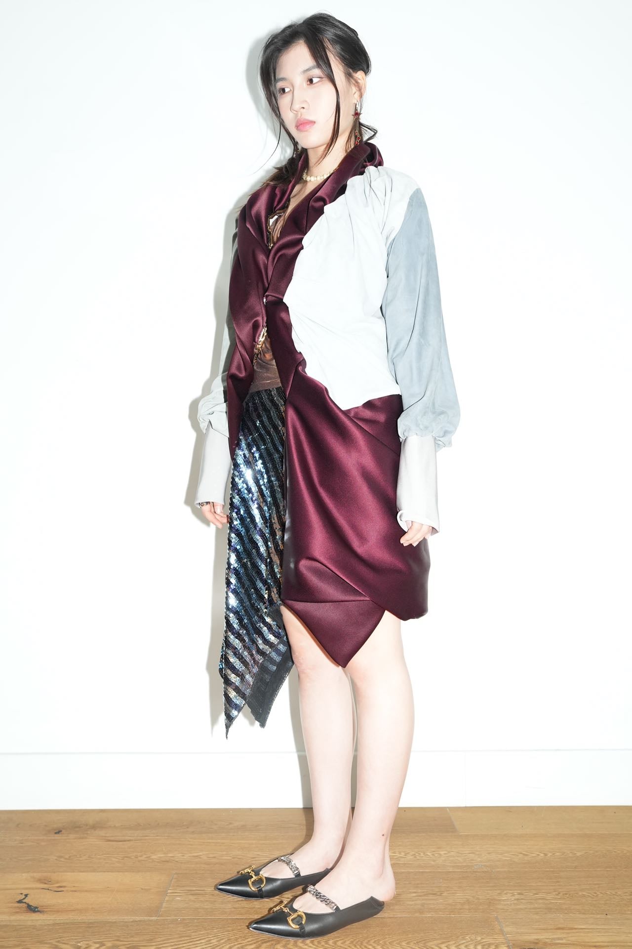 Burgundy Satin &amp; Suede Draped Coat
