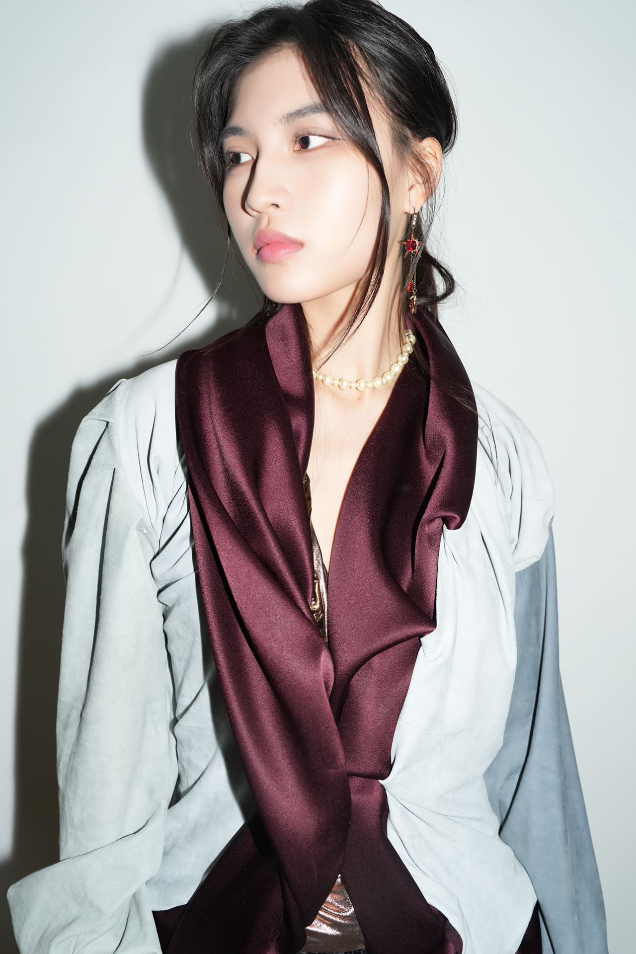 Burgundy Satin &amp; Suede Draped Coat