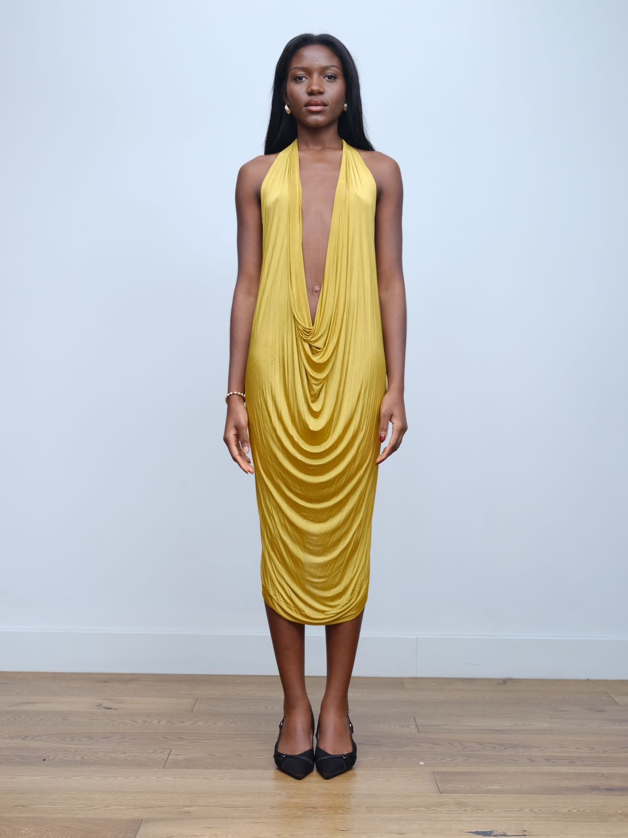 Gold Draped Silk Jersey Dress &amp; Metallic-Edged Hooded Cape Set