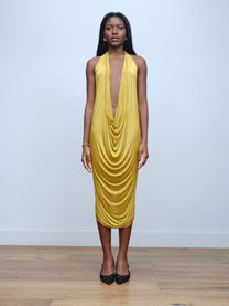 Gold Draped Silk Jersey Dress &amp; Metallic-Edged Hooded Cape Set