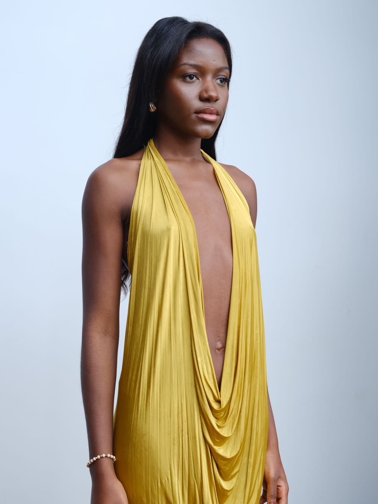 Gold Draped Silk Jersey Dress &amp; Metallic-Edged Hooded Cape Set