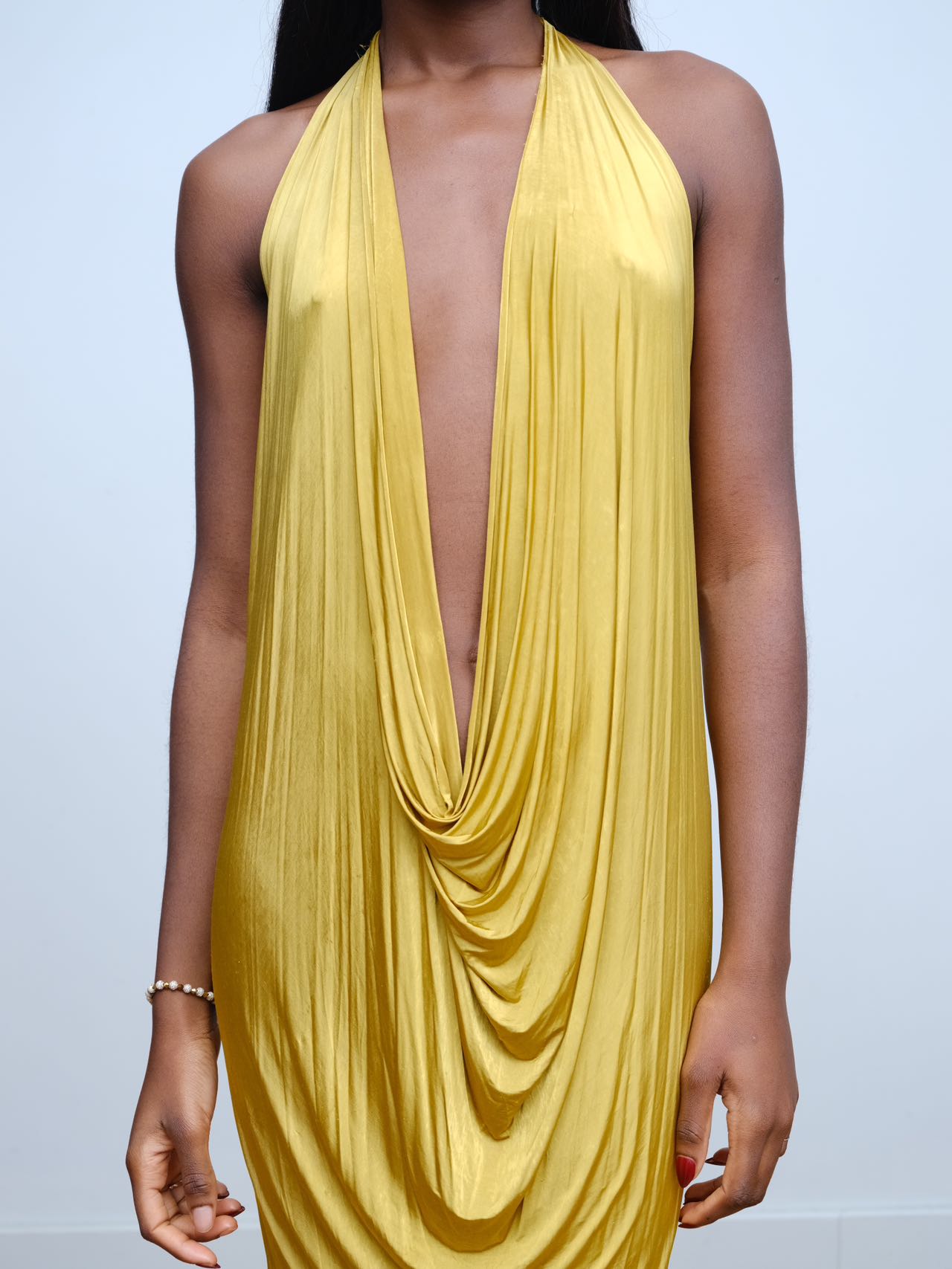 Gold Draped Silk Jersey Dress &amp; Metallic-Edged Hooded Cape Set