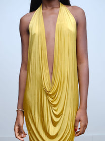 Gold Draped Silk Jersey Dress &amp; Metallic-Edged Hooded Cape Set