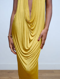 Gold Draped Silk Jersey Dress &amp; Metallic-Edged Hooded Cape Set