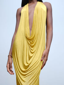 Gold Draped Silk Jersey Dress &amp; Metallic-Edged Hooded Cape Set