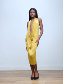 Gold Draped Silk Jersey Dress &amp; Metallic-Edged Hooded Cape Set