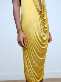Gold Draped Silk Jersey Dress &amp; Metallic-Edged Hooded Cape Set