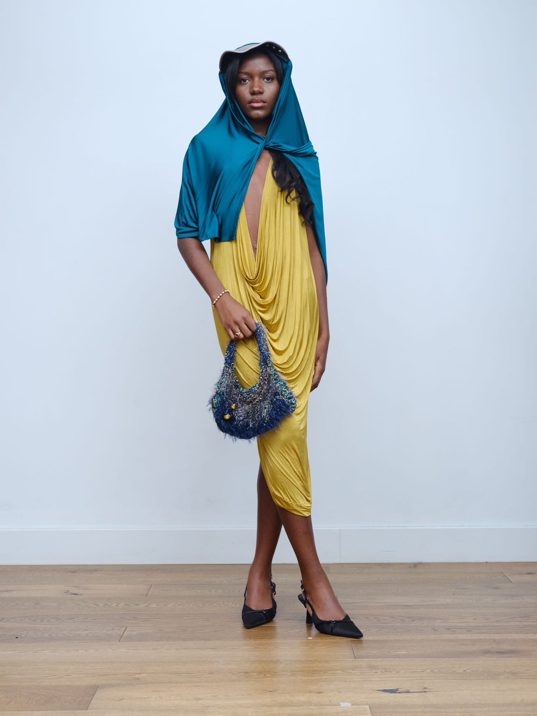 Gold Draped Silk Jersey Dress &amp; Metallic-Edged Hooded Cape Set