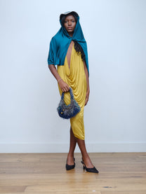 Gold Draped Silk Jersey Dress &amp; Metallic-Edged Hooded Cape Set