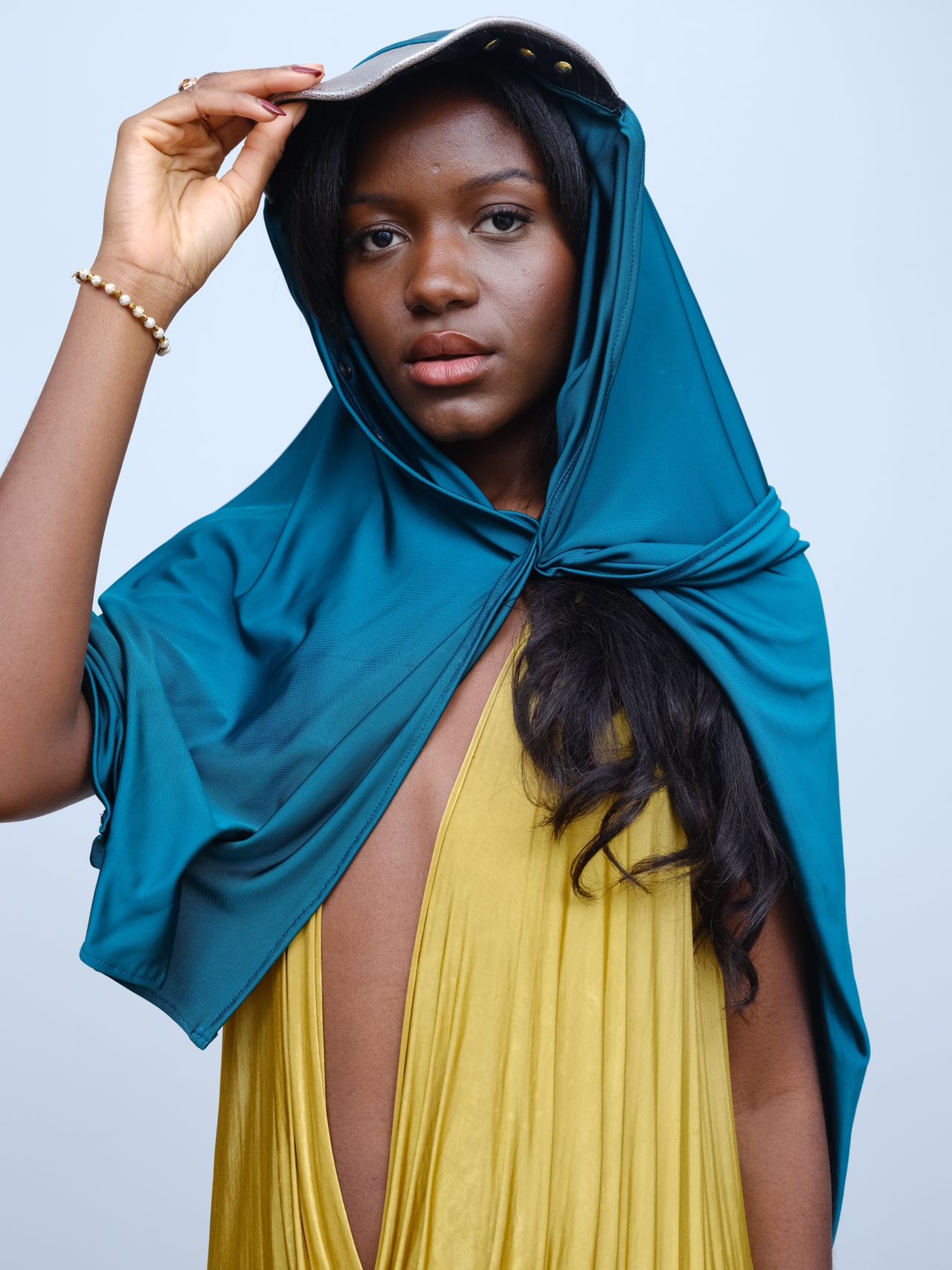 Gold Draped Silk Jersey Dress &amp; Metallic-Edged Hooded Cape Set