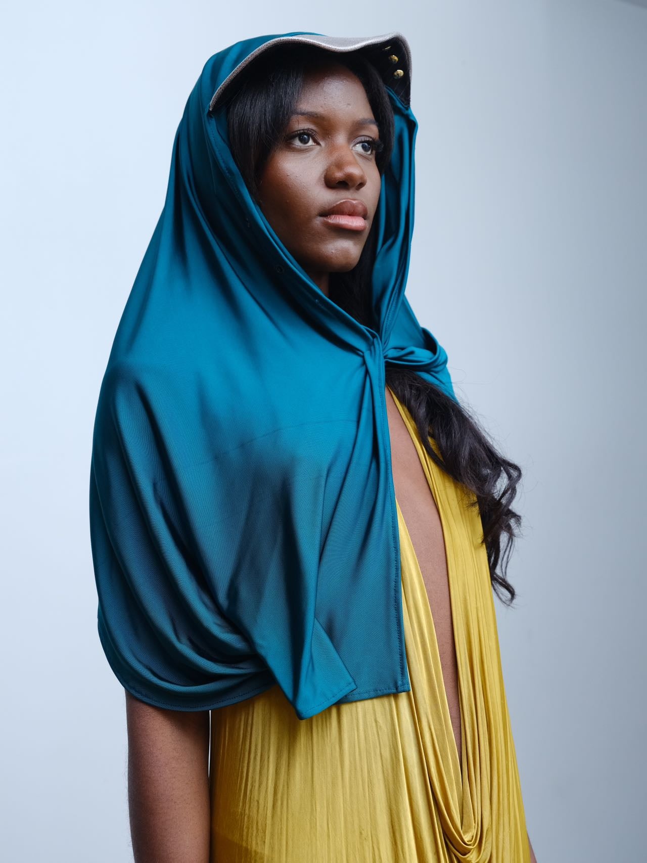Gold Draped Silk Jersey Dress &amp; Metallic-Edged Hooded Cape Set