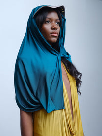 Gold Draped Silk Jersey Dress &amp; Metallic-Edged Hooded Cape Set