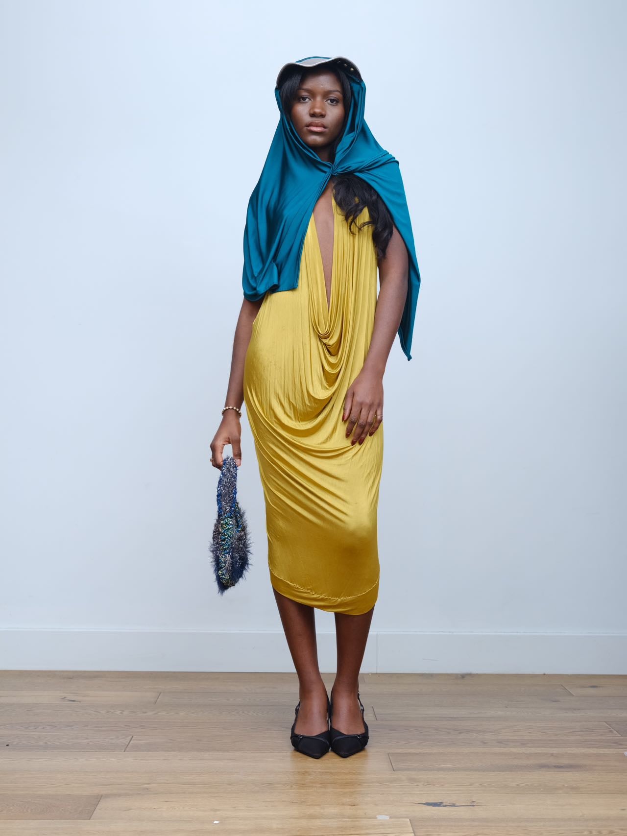Gold Draped Silk Jersey Dress &amp; Metallic-Edged Hooded Cape Set