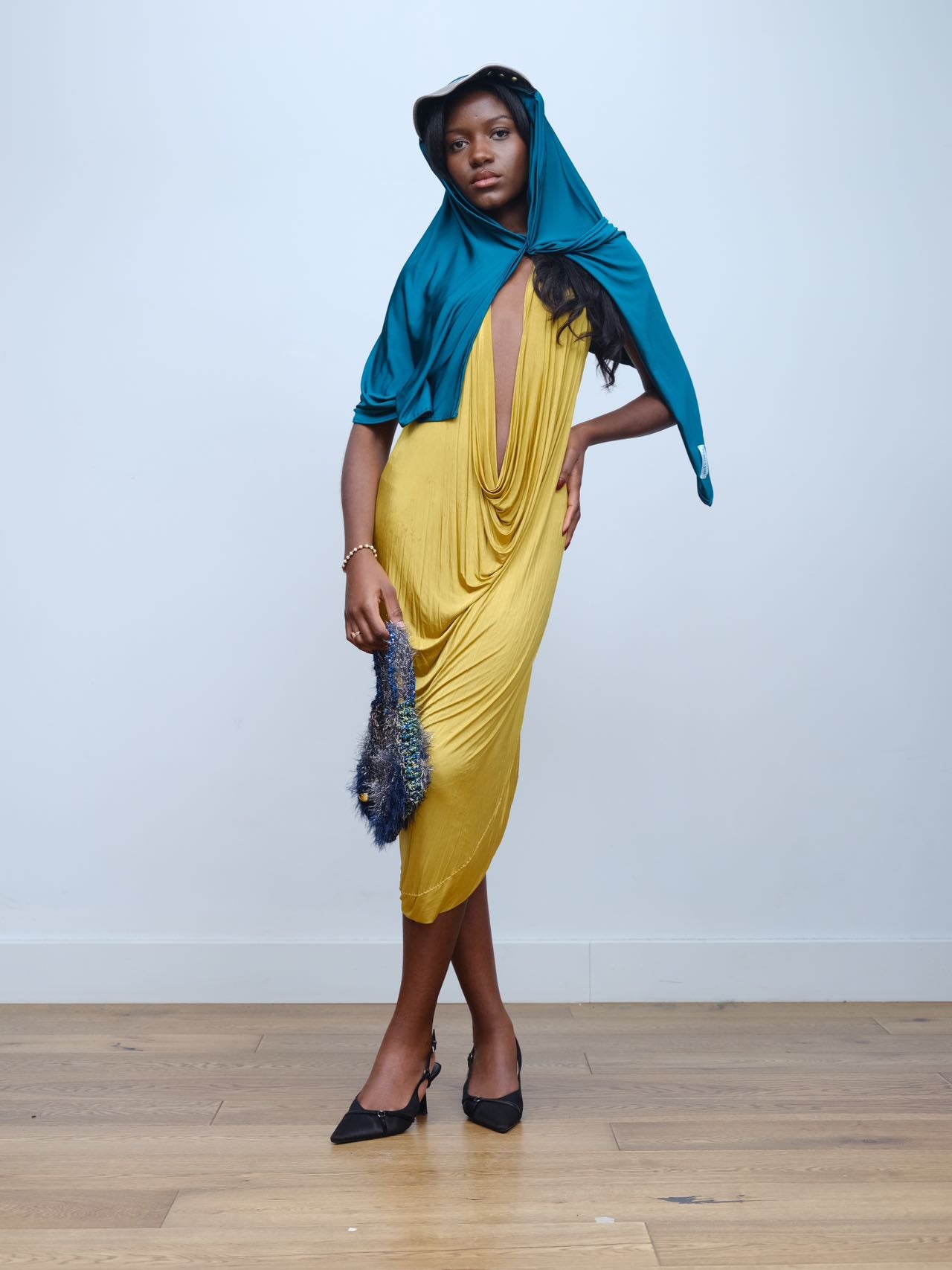 Gold Draped Silk Jersey Dress &amp; Metallic-Edged Hooded Cape Set