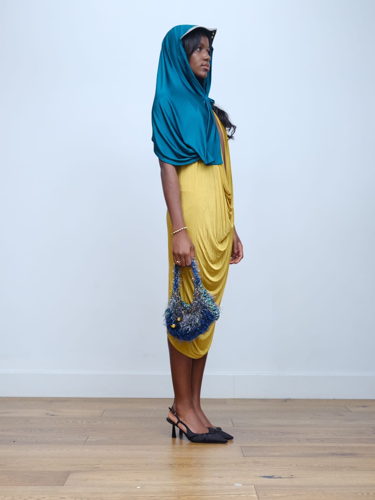 Gold Draped Silk Jersey Dress &amp; Metallic-Edged Hooded Cape Set