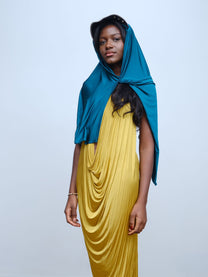 Gold Draped Silk Jersey Dress &amp; Metallic-Edged Hooded Cape Set