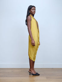 Gold Draped Silk Jersey Dress &amp; Metallic-Edged Hooded Cape Set