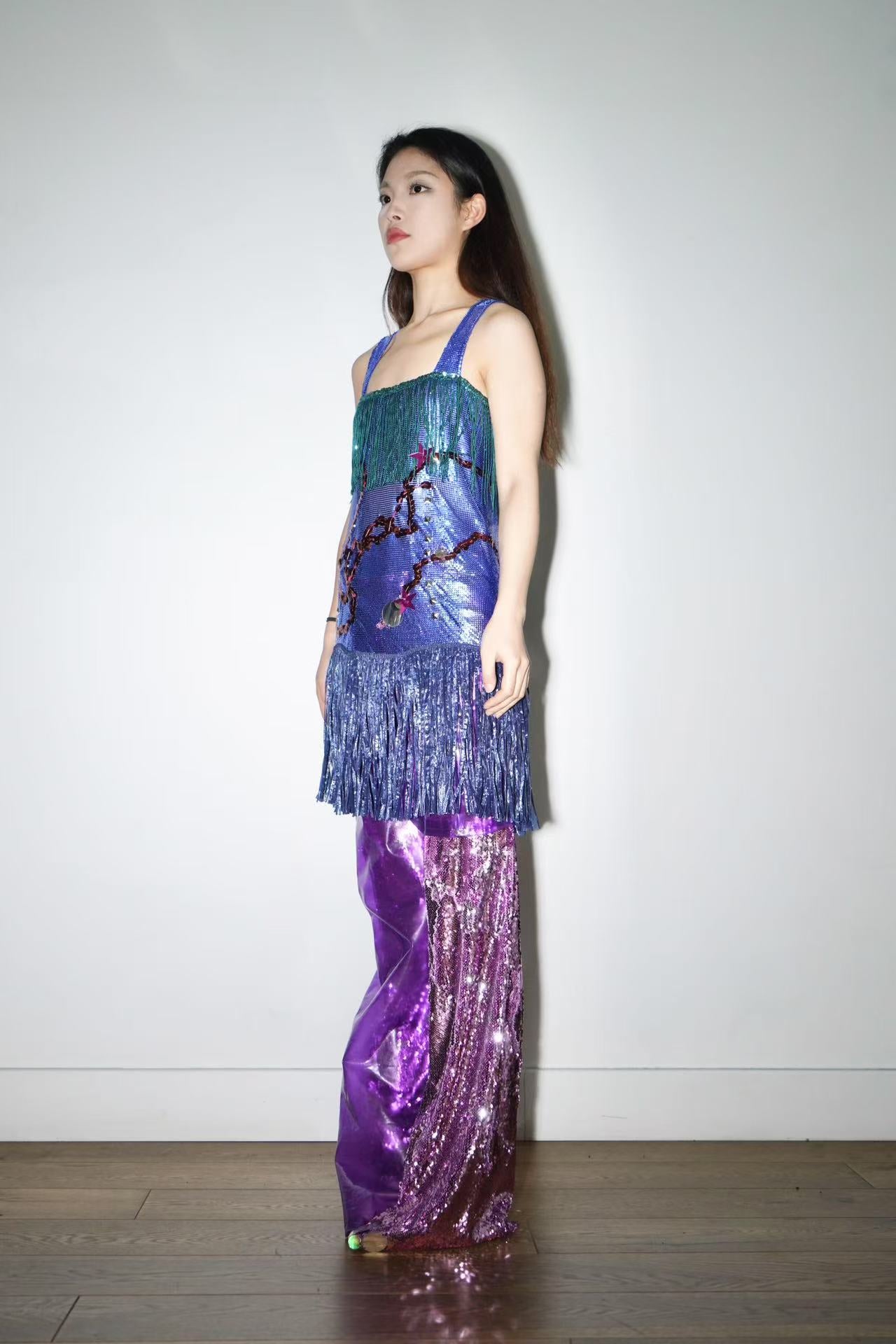 Galactic Blue Chainmail Fringe Party Dress