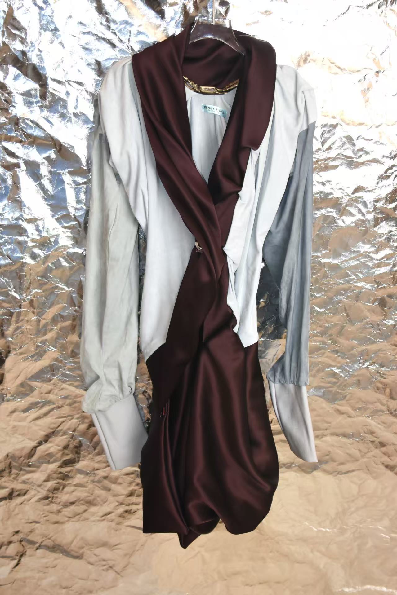 Burgundy Satin &amp; Suede Draped Coat