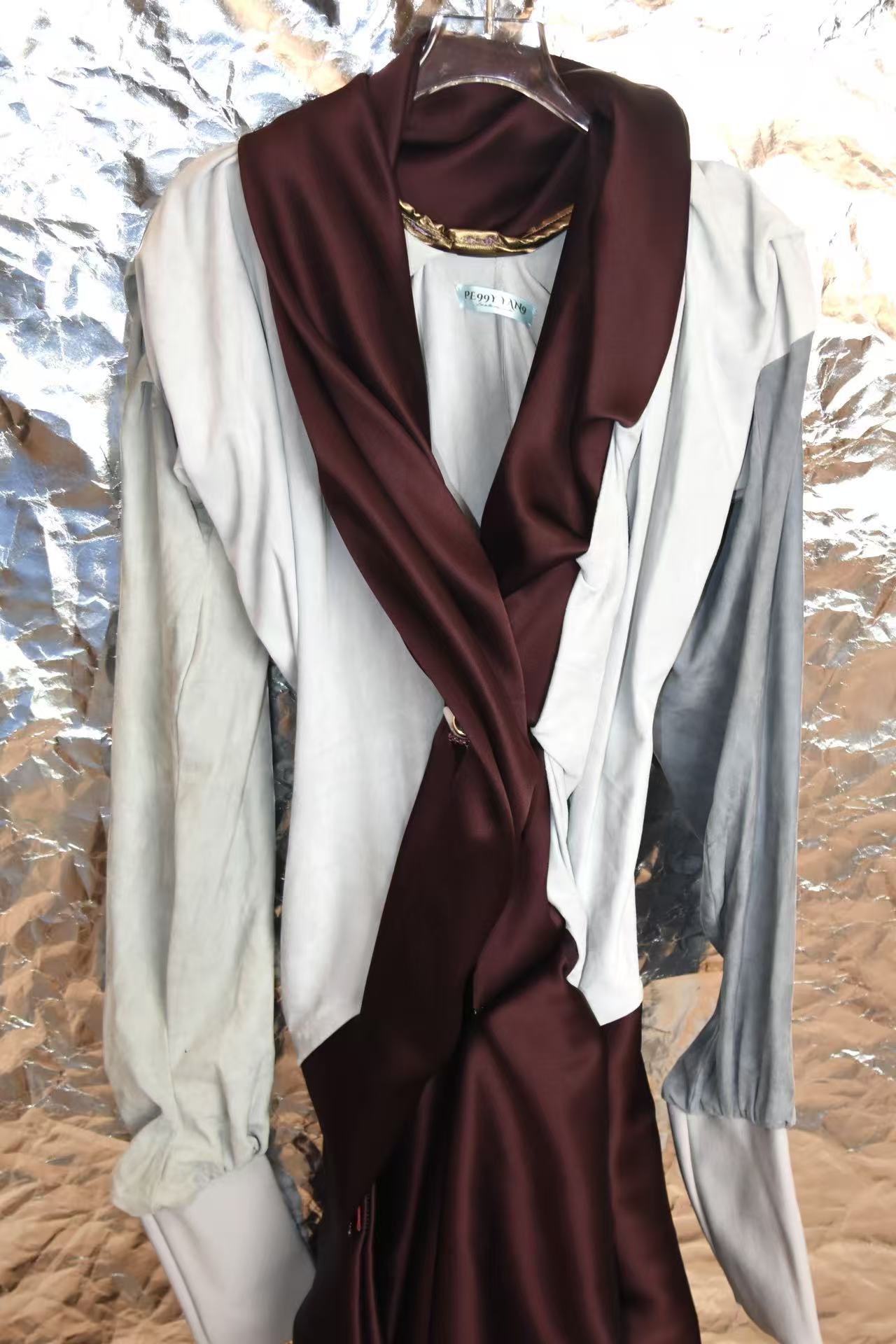 Burgundy Satin &amp; Suede Draped Coat