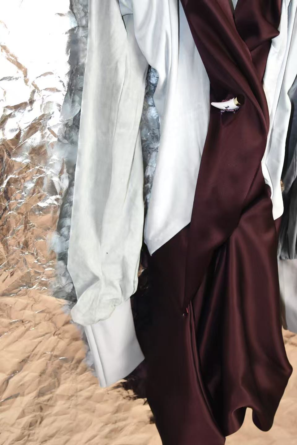 Burgundy Satin &amp; Suede Draped Coat