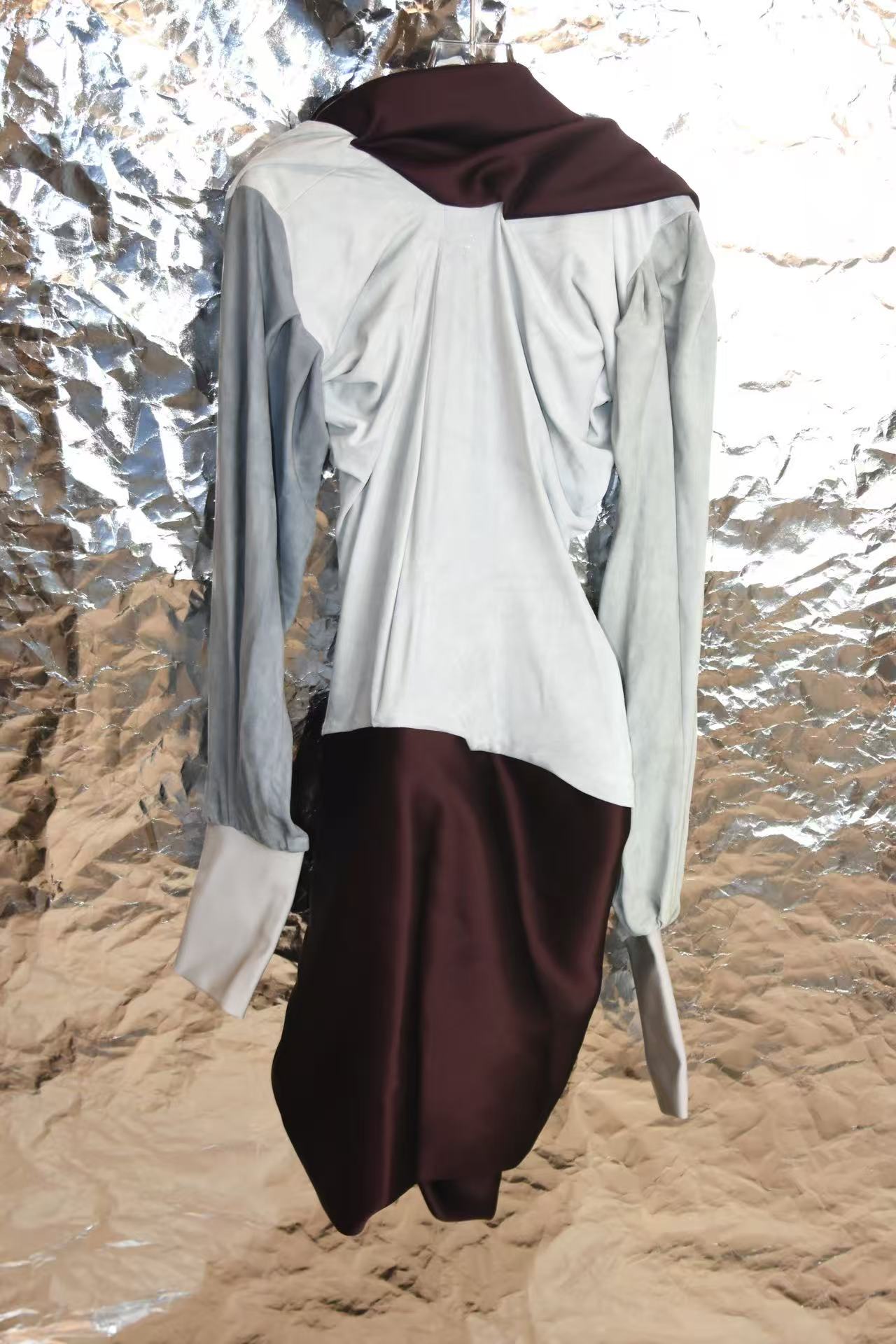 Burgundy Satin &amp; Suede Draped Coat