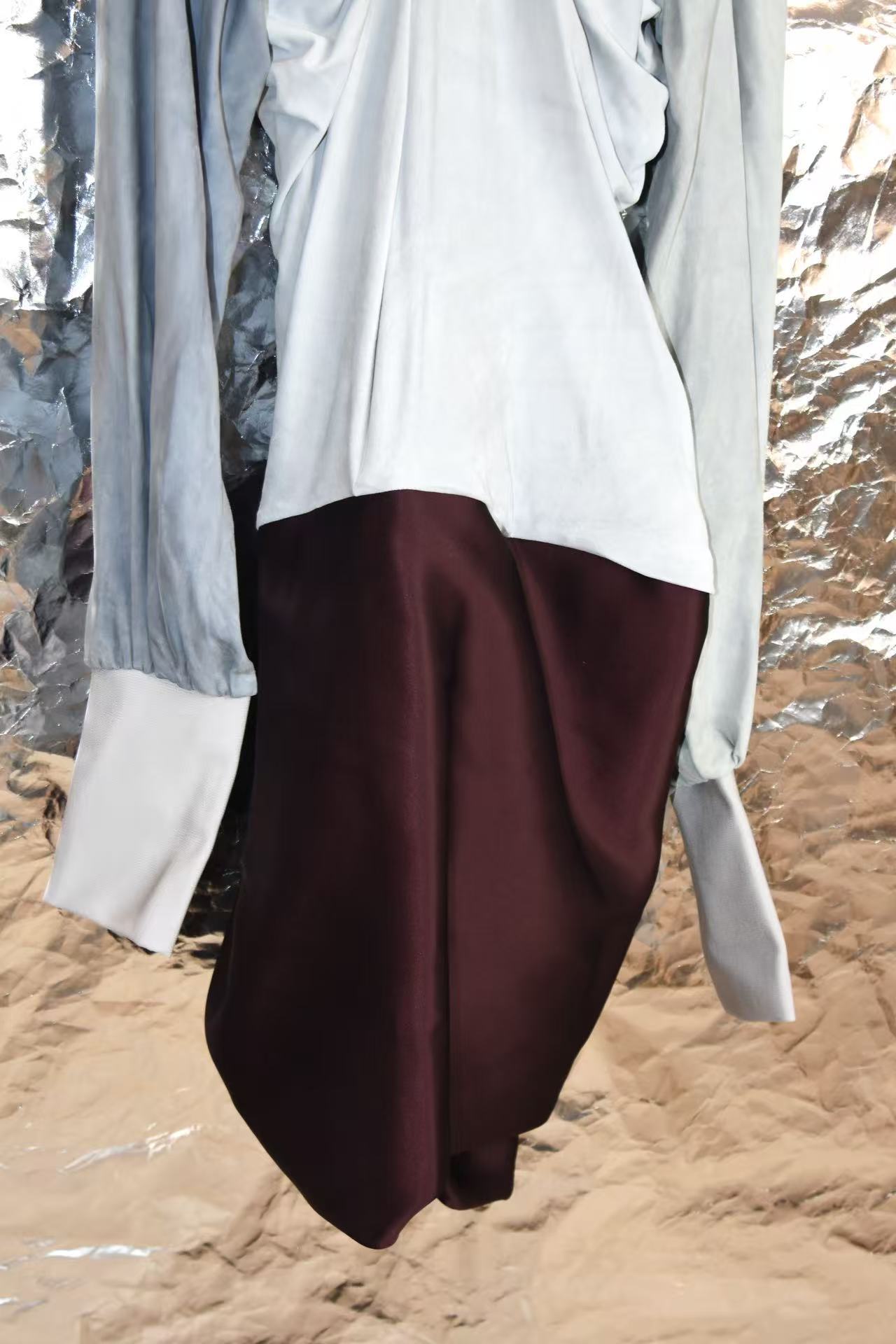 Burgundy Satin &amp; Suede Draped Coat