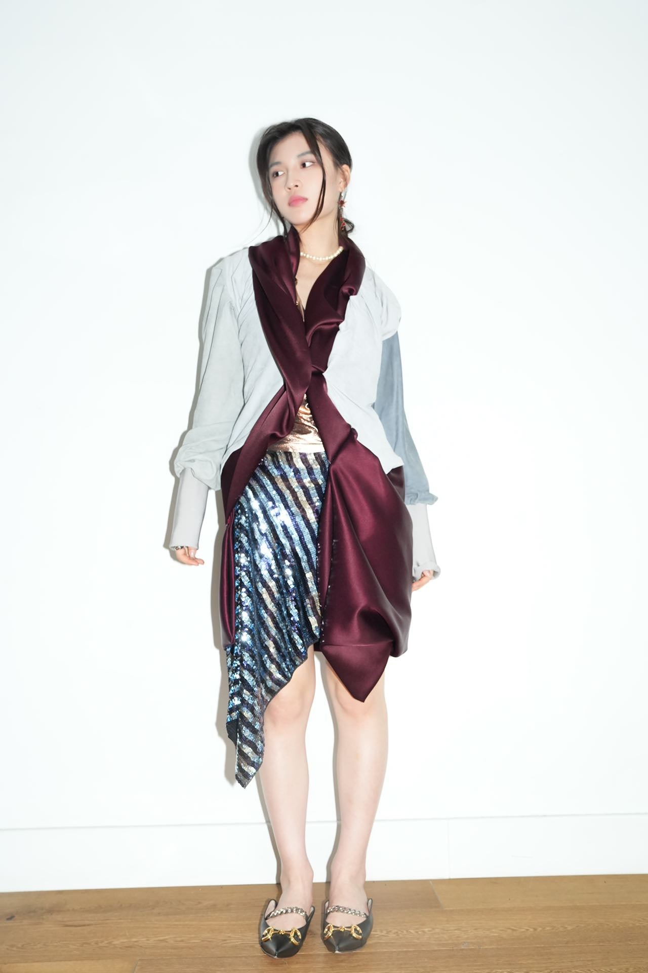 Burgundy Satin &amp; Suede Draped Coat