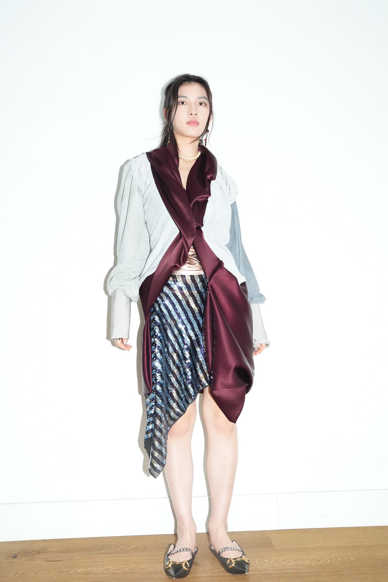 Burgundy Satin &amp; Suede Draped Coat