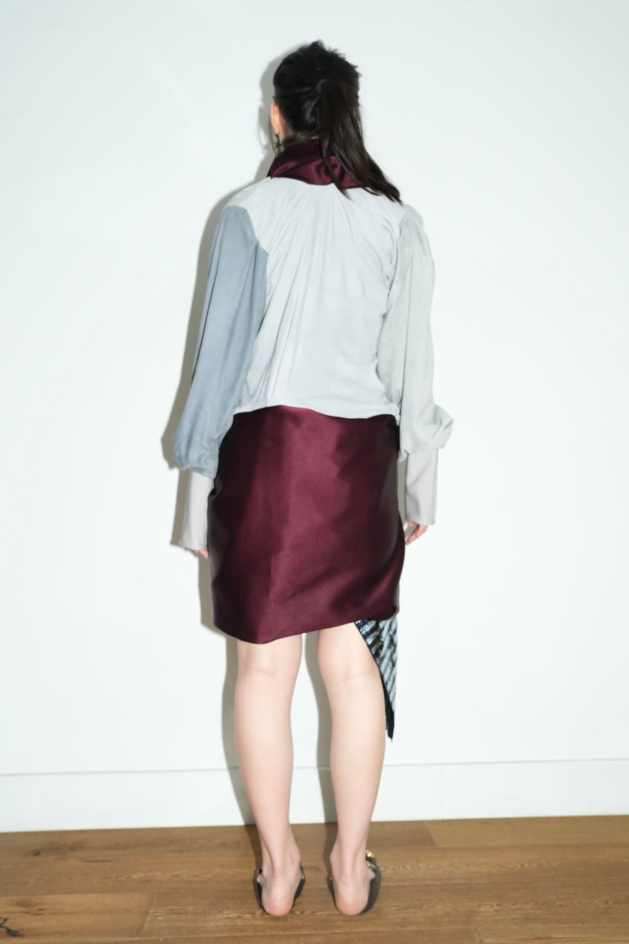 Burgundy Satin &amp; Suede Draped Coat