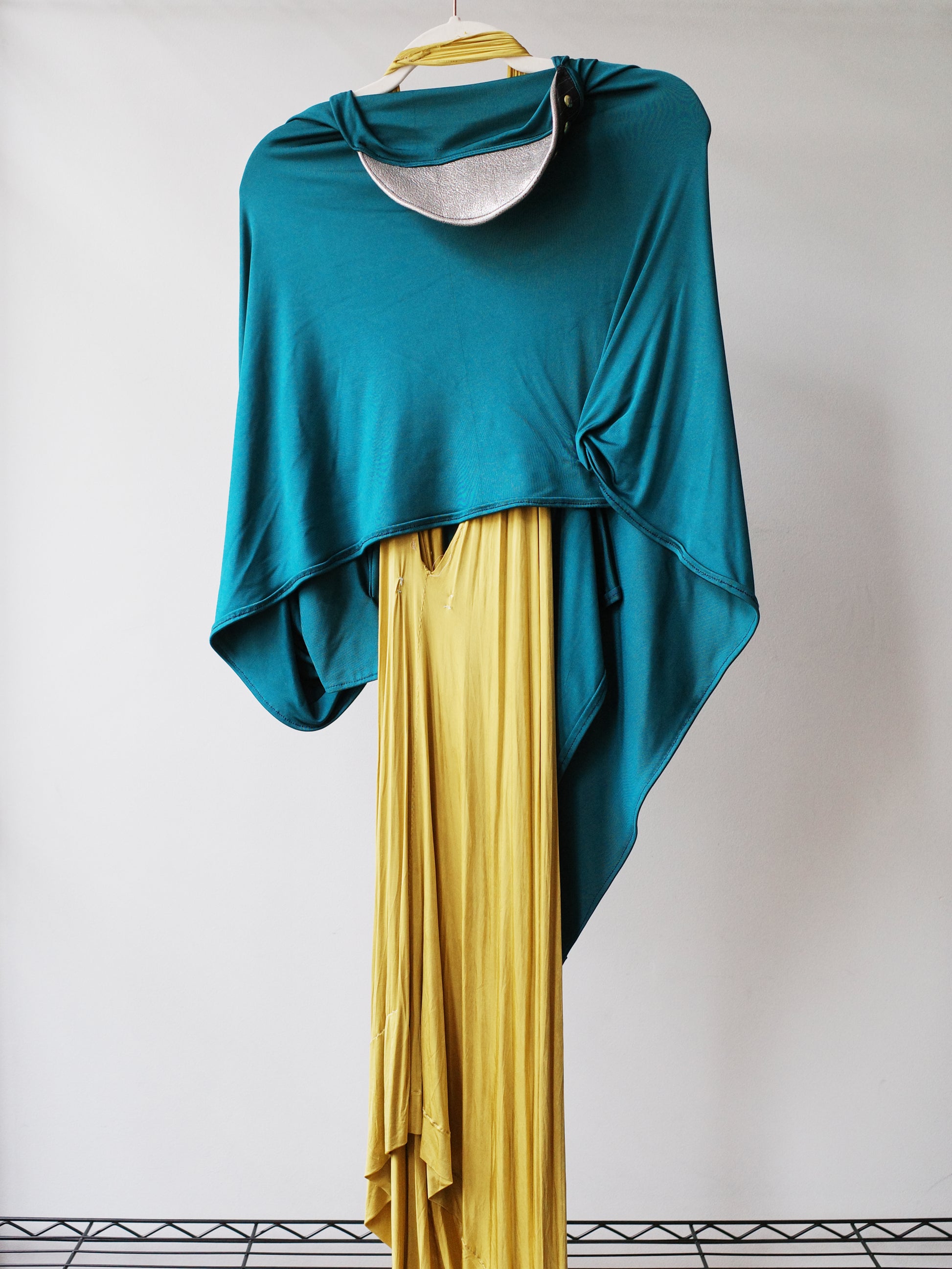 Gold Draped Silk Jersey Dress &amp; Metallic-Edged Hooded Cape Set