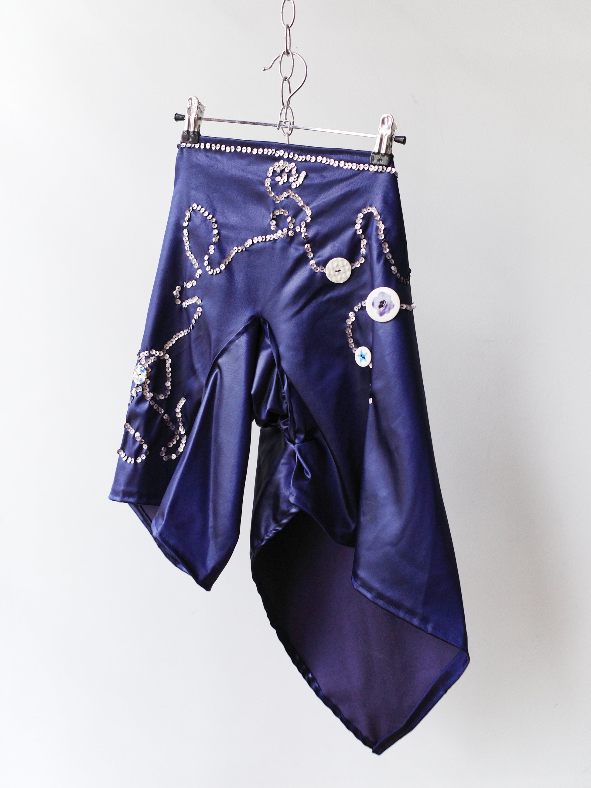 Embroidered Sequin &amp; Ceramic Button Asymmetric Shorts