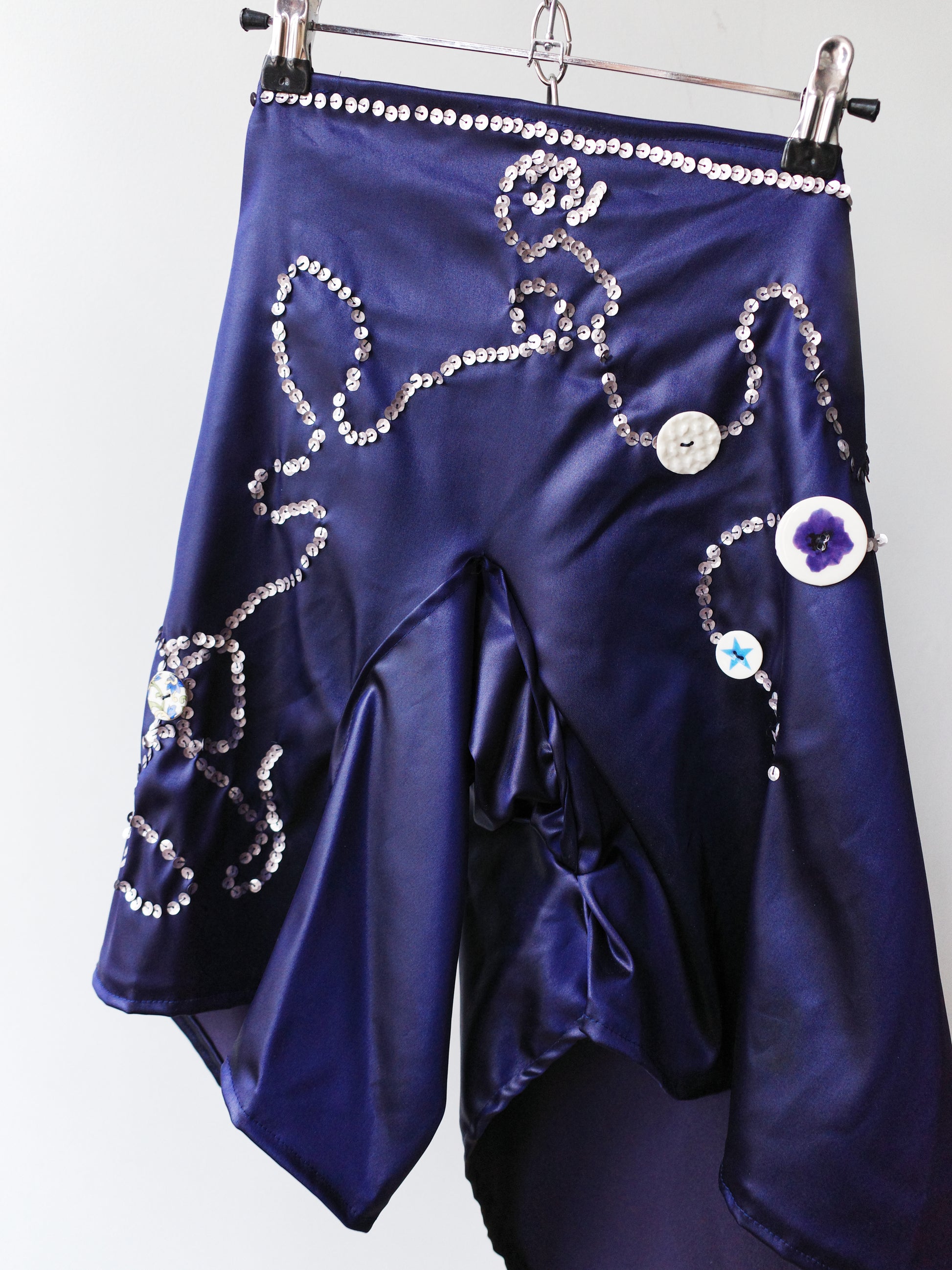 Embroidered Sequin &amp; Ceramic Button Asymmetric Shorts